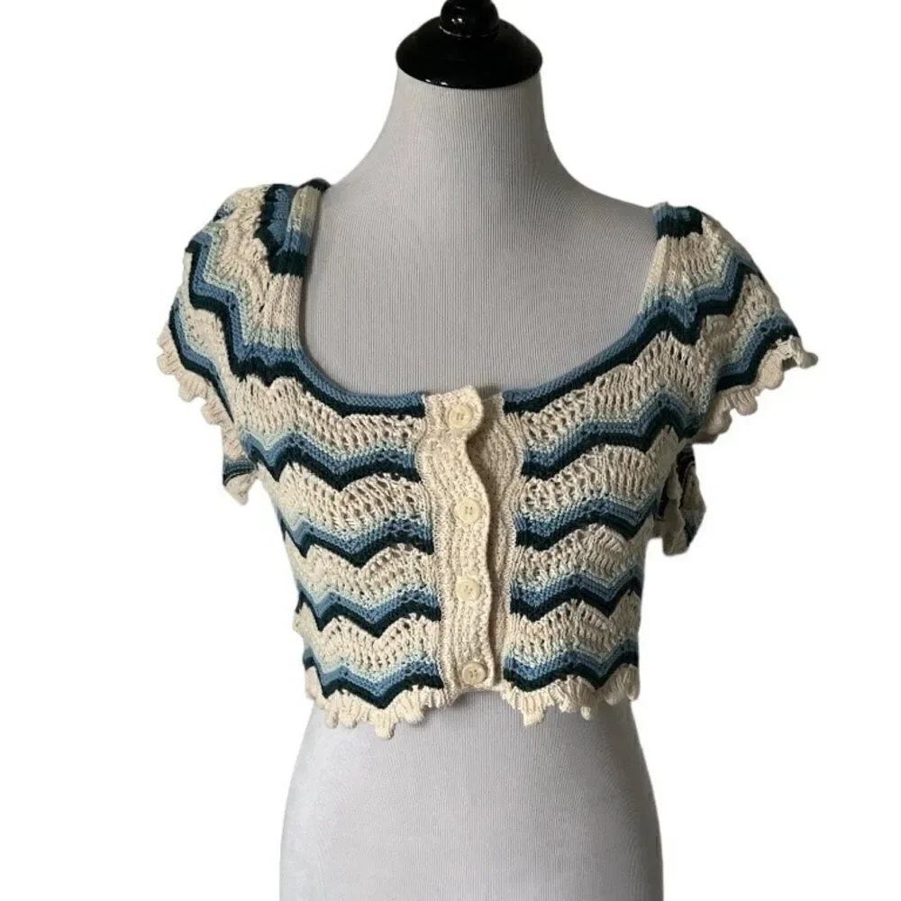 Zara Blue Wave Crochet Knit Top size M - Picture 2 of 7